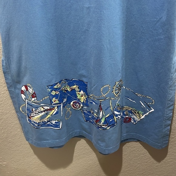 Vintage Y2K Bobbie Brooks Maxi Dress 12/14 Blue Island Graphic Short Sleeve - Picture 10 of 11